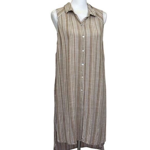 J. Jill tan/white stiped tunic, button front, LP, coastal, vacation, breezy - Picture 1 of 6